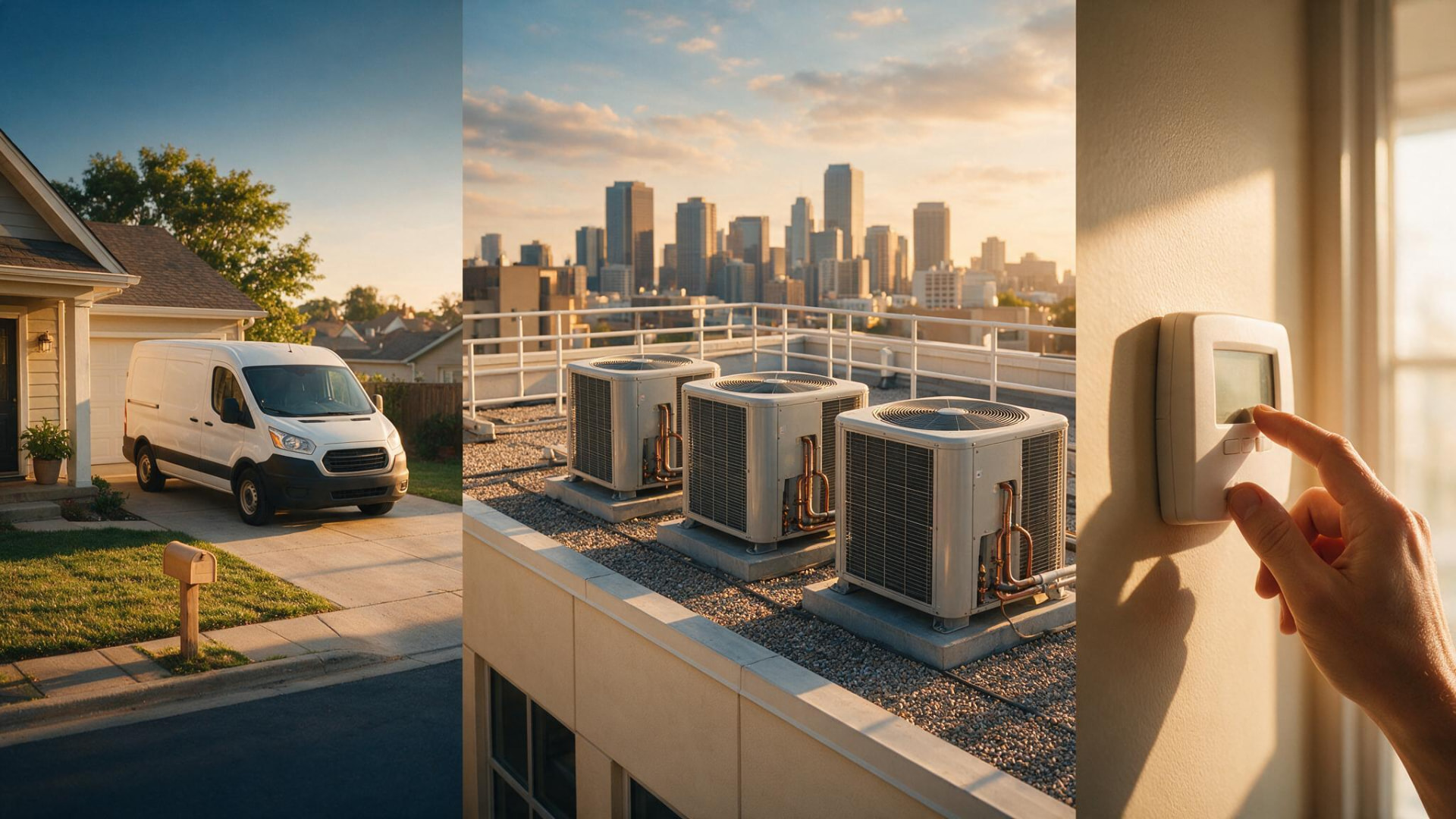 HVAC service van, rooftop condenser units, and a homeowner adjusting a thermostat
