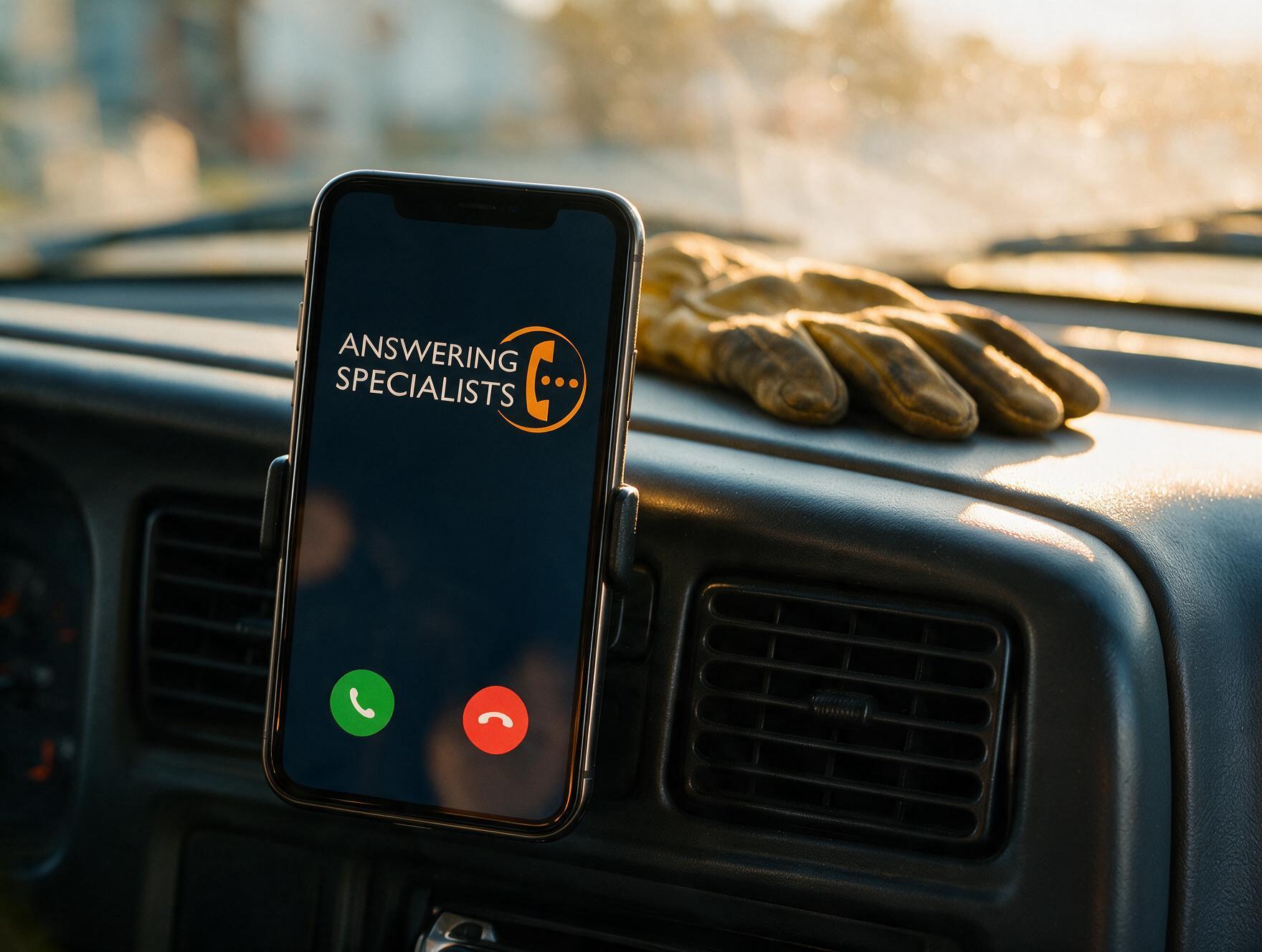 Incoming Answering Specialists call on a phone mounted in an HVAC service van