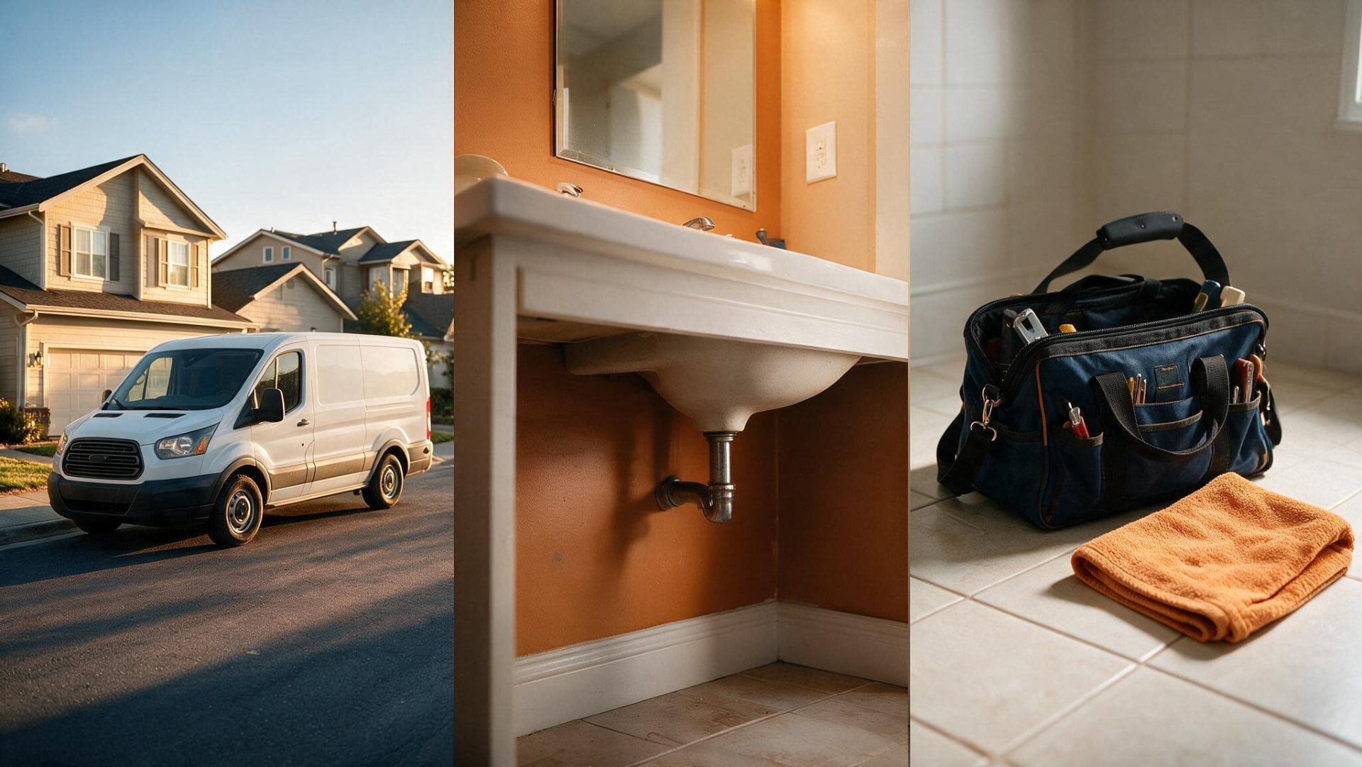 Plumbing service van, a bathroom sink repair, and a plumber's tool bag