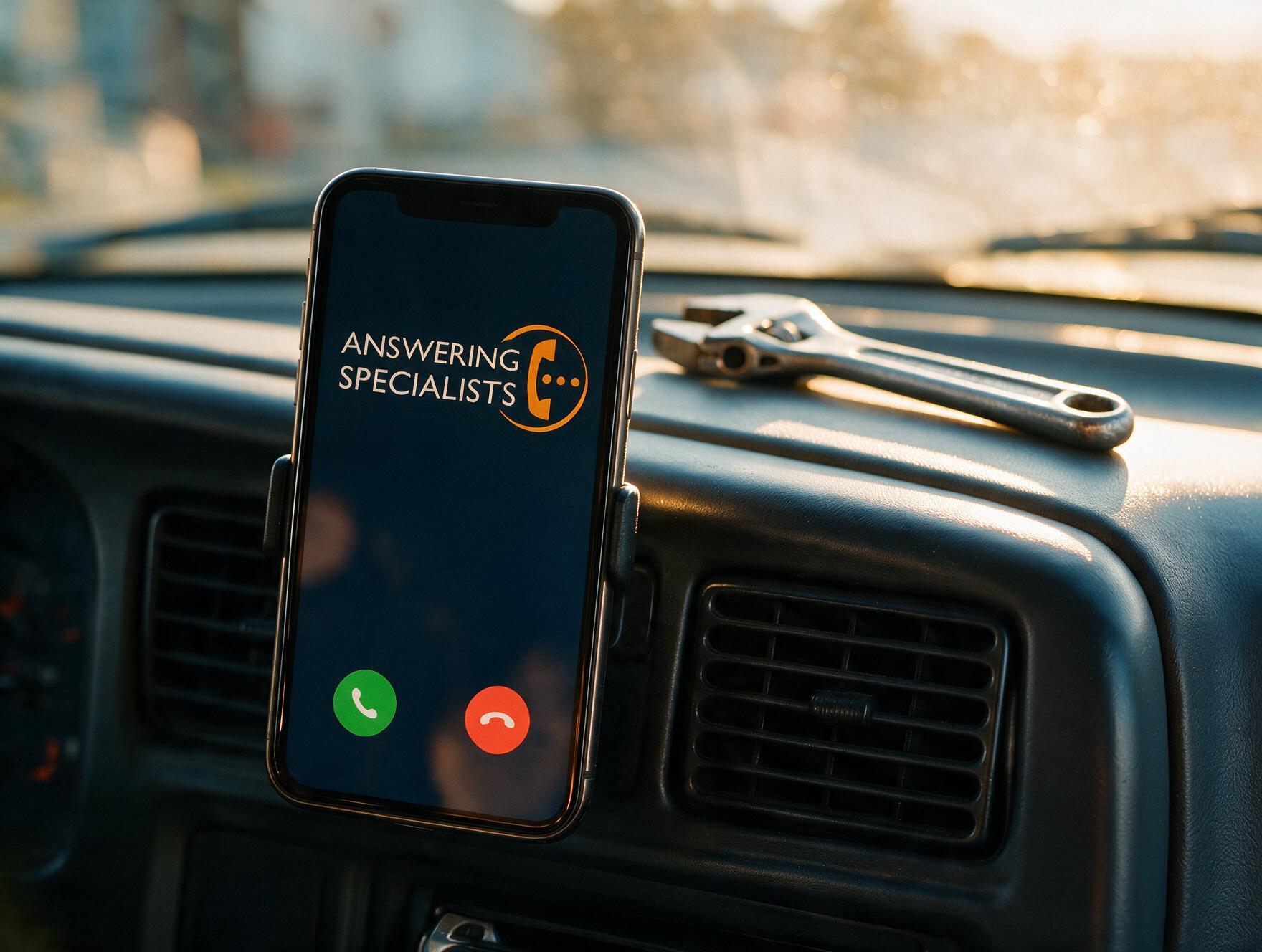 Incoming Answering Specialists call on a phone mounted in a plumber's work van